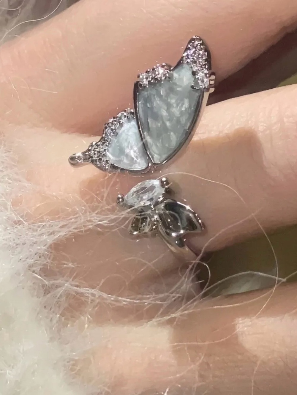 2393-58 925 Silver Plated Butterfly Open Adjustable Ring CZ Pearl Accent